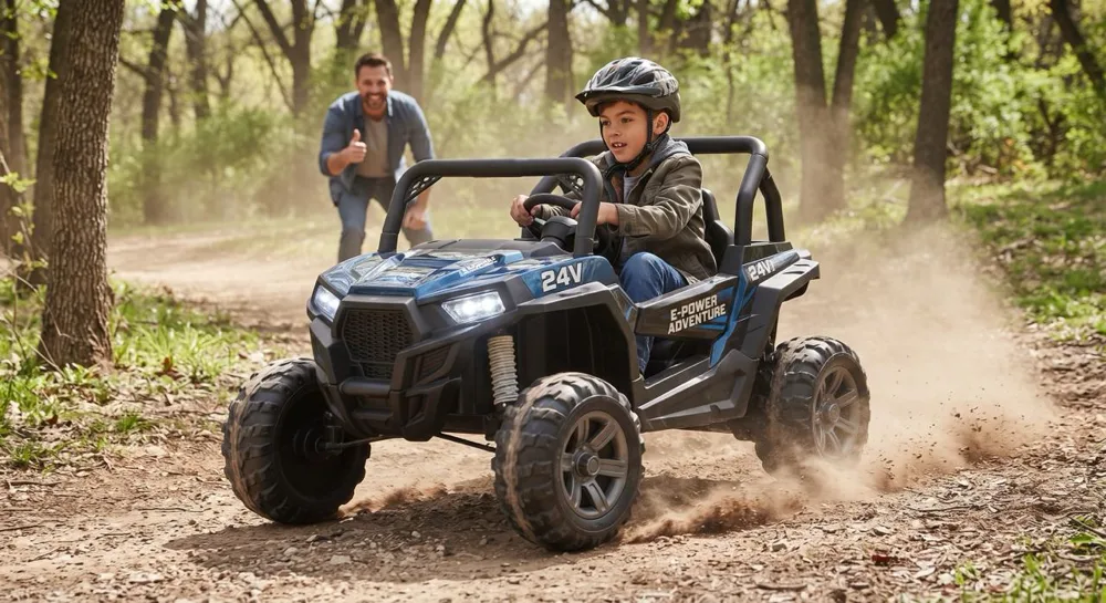 Voiture électrique enfant 10 ans : garçon casqué au volant d'un buggy 24V bleu tout-terrain sur un chemin de forêt, sous la surveillance de son père