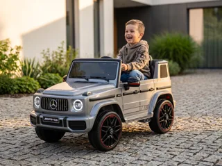 Voiture électrique enfant Mercedes G63 AMG gris métallisé 12V, ceinture de sécurité, pneus tout-terrain, pour enfant de 3-6 ans