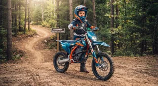 Moto cross électrique enfant : jeune pilote en tenue et casque sur une mini moto cross KTM bleue et orange sur un sentier forestier