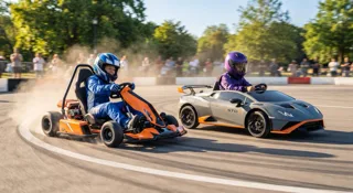 Un enfant en kart électrique orange drifte face à une Lamborghini STO sur une piste, guide du kart drift électrique enfant