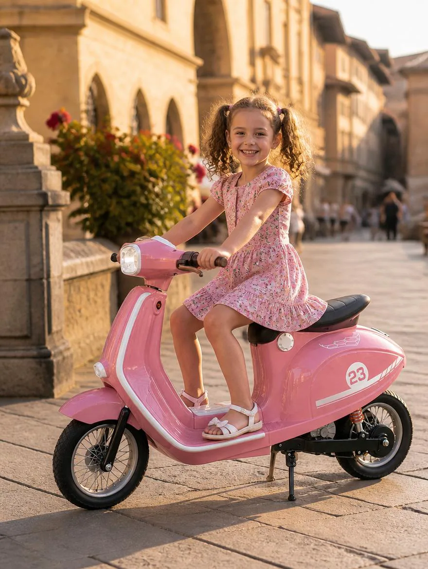 Petite fille souriante sur une Vespa électrique rose, dans une rue ancienne ensoleillée bordée de fleurs