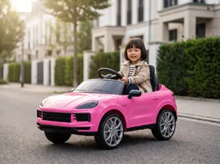 Voiture électrique enfant Porsche Cayenne rose 12V, avec télécommande parentale, phares et feux fonctionnels, pour enfant de 3-6 ans