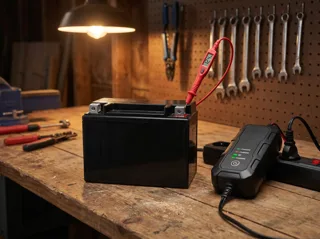 Batterie 12V plomb-acide d'une voiture électrique enfant, posée sur un établi