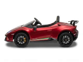 Lamborghini Huracán enfant 12V rouge, vue de profil, logo Performante et bande tricolore, voiture de course électrique