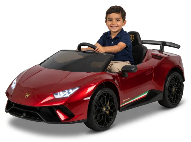 Lamborghini Huracán voiture électrique enfant 12V rouge, garçon au volant, trois-quarts avant, phares LED allumés