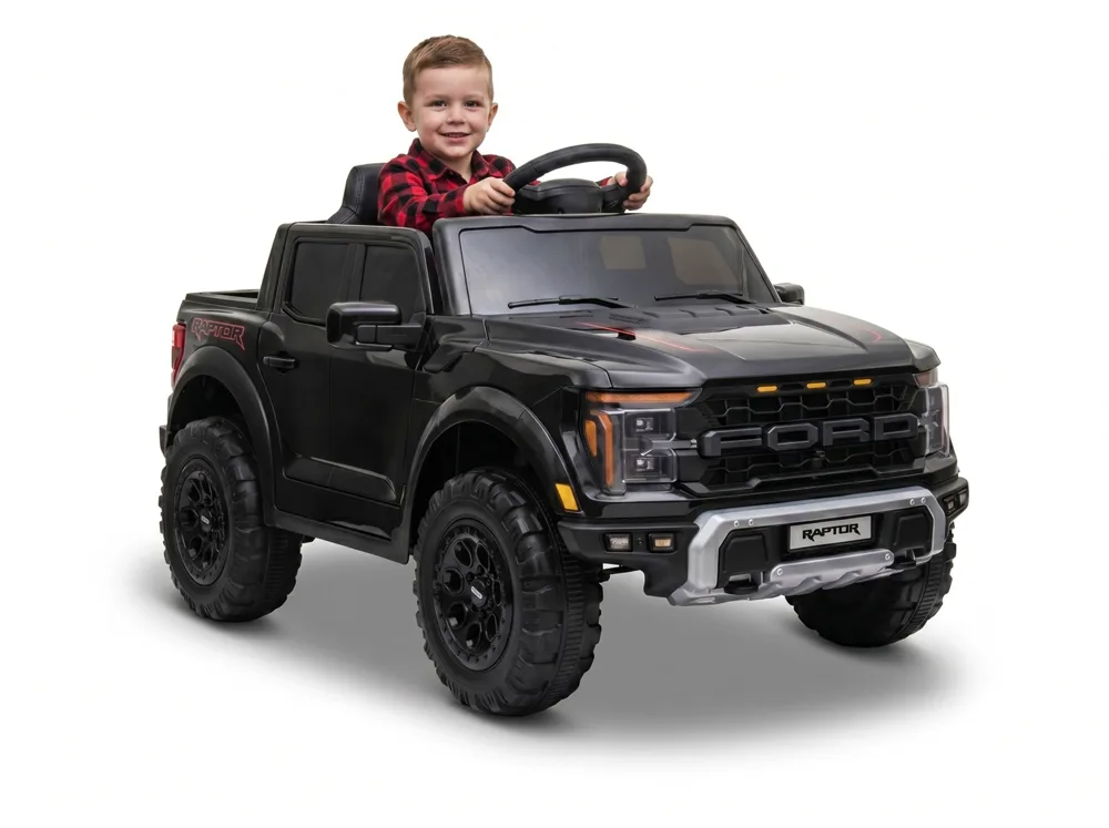 Ford Raptor 12V monoplace noire pour jeune enfant, phares et calandre détaillés