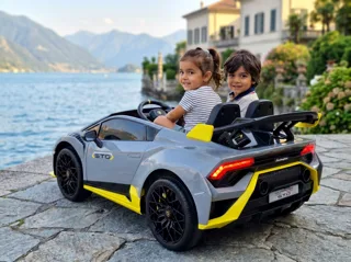 Voiture électrique enfant Lamborghini Huracán STO gris et jaune 12V, sous licence officielle, jusqu'à 5 km/h, pour enfant de 3-6 ans
