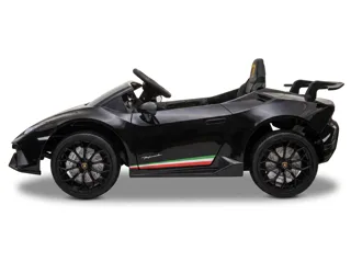 Lamborghini Huracán enfant 12V noire, vue de profil, logo Performante et bande tricolore, voiture de course électrique