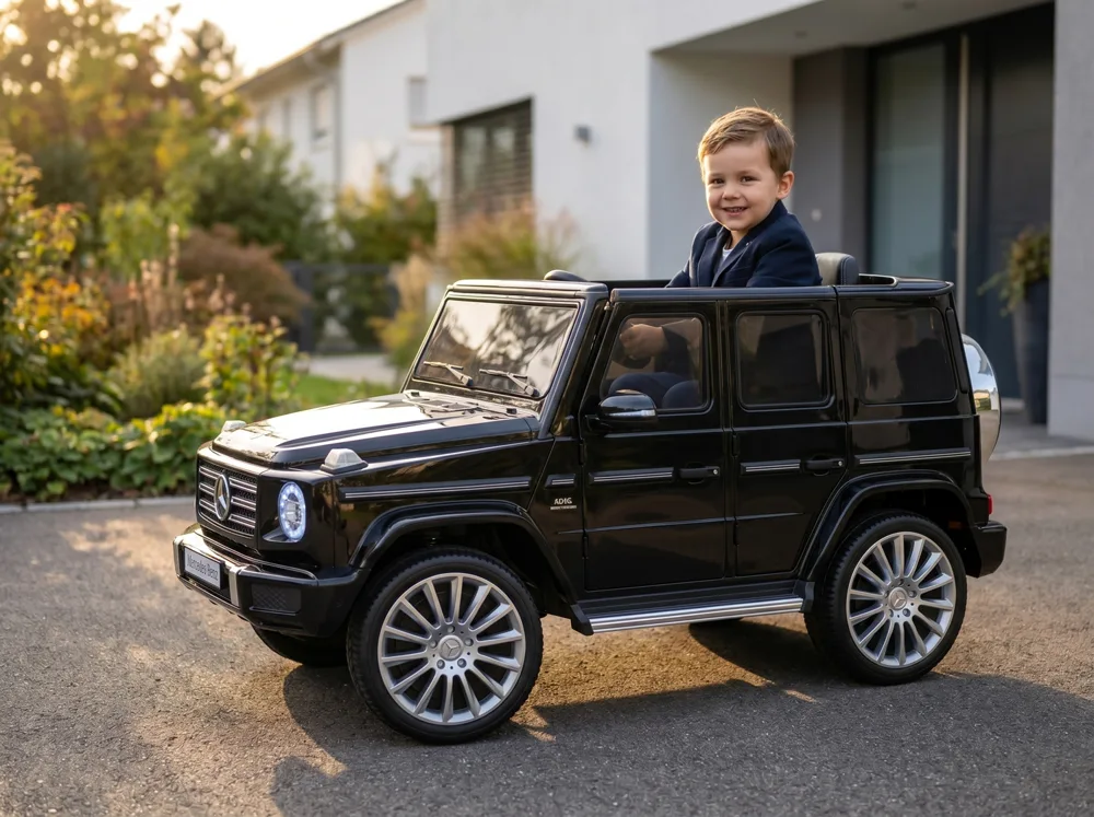 Mercedes G500 enfant 12V, vue 3/4 avant blanche