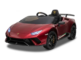 Voiture électrique enfant Lamborghini Huracán 12V rouge, trois-quarts avant, jantes noires et bande tricolore, studio