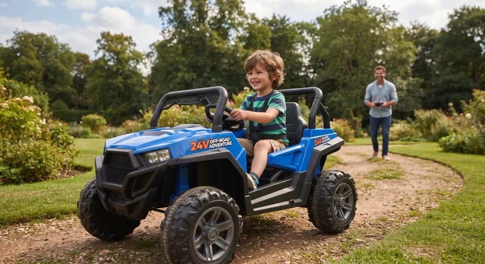 Enfant de 5 ans en 24V : garçon casqué au volant d'un buggy tout-terrain 24V bleu dans un jardin, un parent à la télécommande en arrière-plan