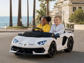 Voiture électrique enfant Lamborghini Aventador SVJ blanc 24V, lecteur MP3 Bluetooth, habitacle simili cuir, pour enfant de 5-9 ans