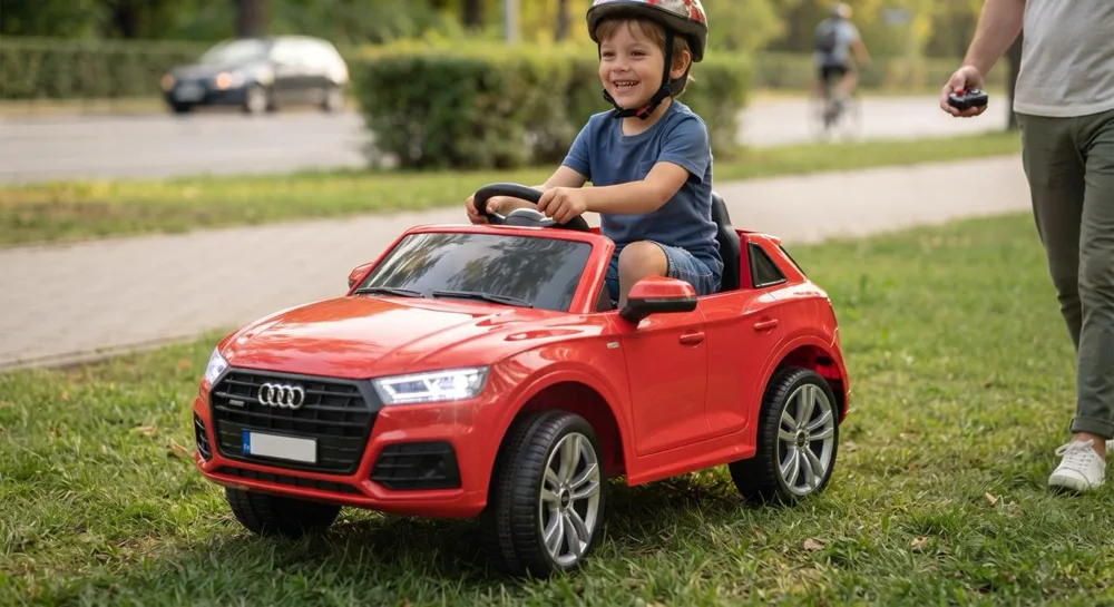 Voiture électrique enfant et homologation route : jeune enfant casqué dans une Audi rouge sur l'herbe le long d'une route où circule une vraie voiture, un parent à la télécommande