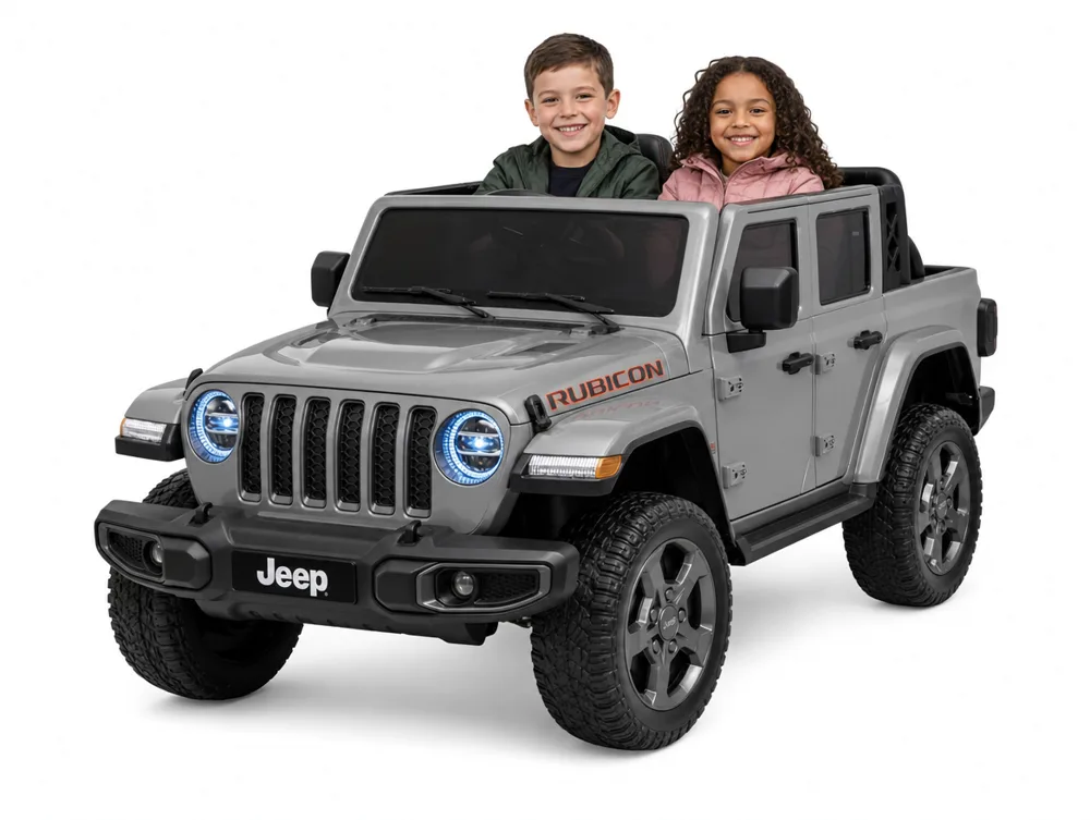 Jeep Gladiator électrique enfant grise, pickup biplace 12V vue trois-quarts avant