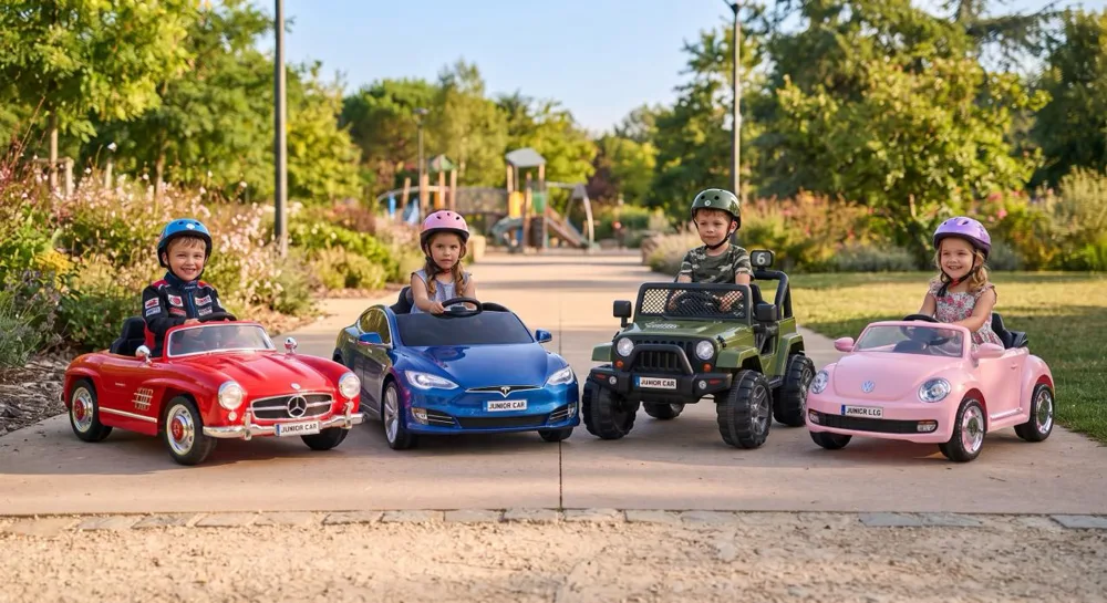 Quatre enfants au volant de voitures électriques (Mercedes 300 SL rouge, berline bleue, Jeep 4x4 verte, Coccinelle rose) dans un parc, comparatif pour choisir la voiture électrique enfant idéale