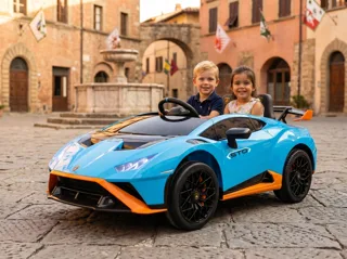 Voiture électrique enfant Lamborghini Huracán STO bleu et orange 12V, jusqu'à 5 km/h, pour enfant de 3-6 ans
