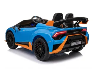 Voiture électrique enfant Lamborghini Huracán STO bleu et orange 12V, phares et feux fonctionnels, pour enfant de 3-6 ans