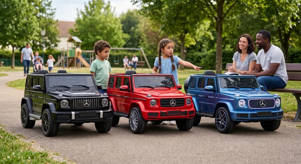 Voiture électrique enfant Mercedes Classe G : trois modèles côte à côte, G63 noir, G500 rouge et EQG bleu à calandre lumineuse, au parc devant une famille