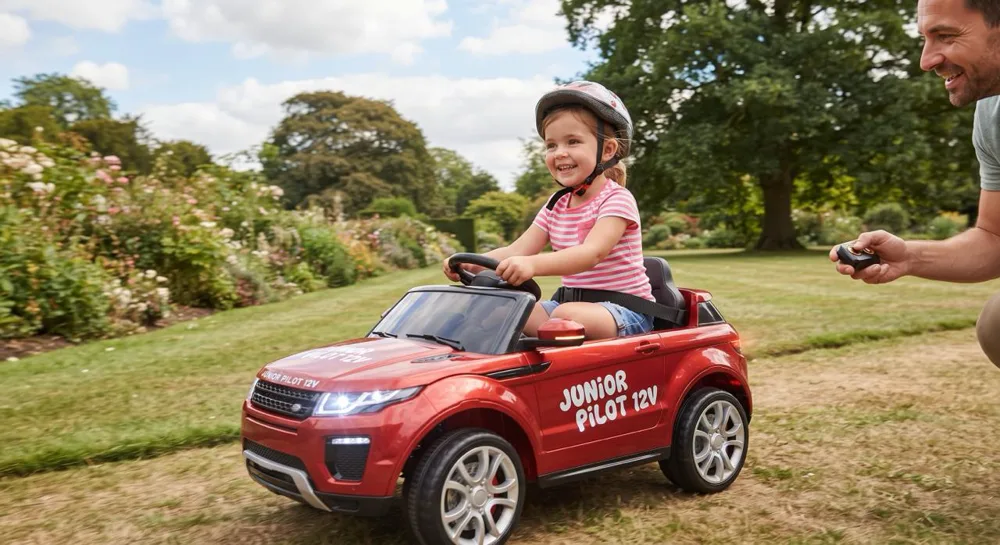 Voiture électrique enfant 12V : petite fille casquée au volant d'une Range Rover 12V rouge sur l'herbe, son père tenant la télécommande parentale