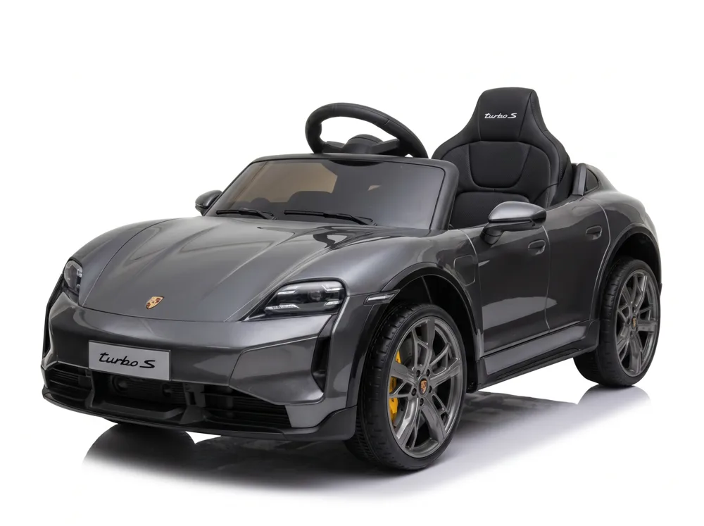 Voiture électrique enfant Porsche Taycan gris 12V, habitacle simili cuir, pour enfant de 3-6 ans