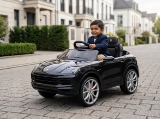 Voiture électrique enfant Porsche Cayenne noir 12V, sous licence officielle, ceinture de sécurité, pour enfant de 3-6 ans