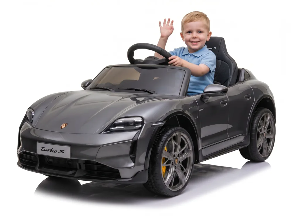 Voiture électrique enfant Porsche Taycan gris 12V, habitacle simili cuir, pour enfant de 3-6 ans