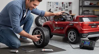 Entretien voiture électrique enfant : parent au garage démontant une roue d'une Audi rouge, une main sur le volant et le chargeur intelligent en charge