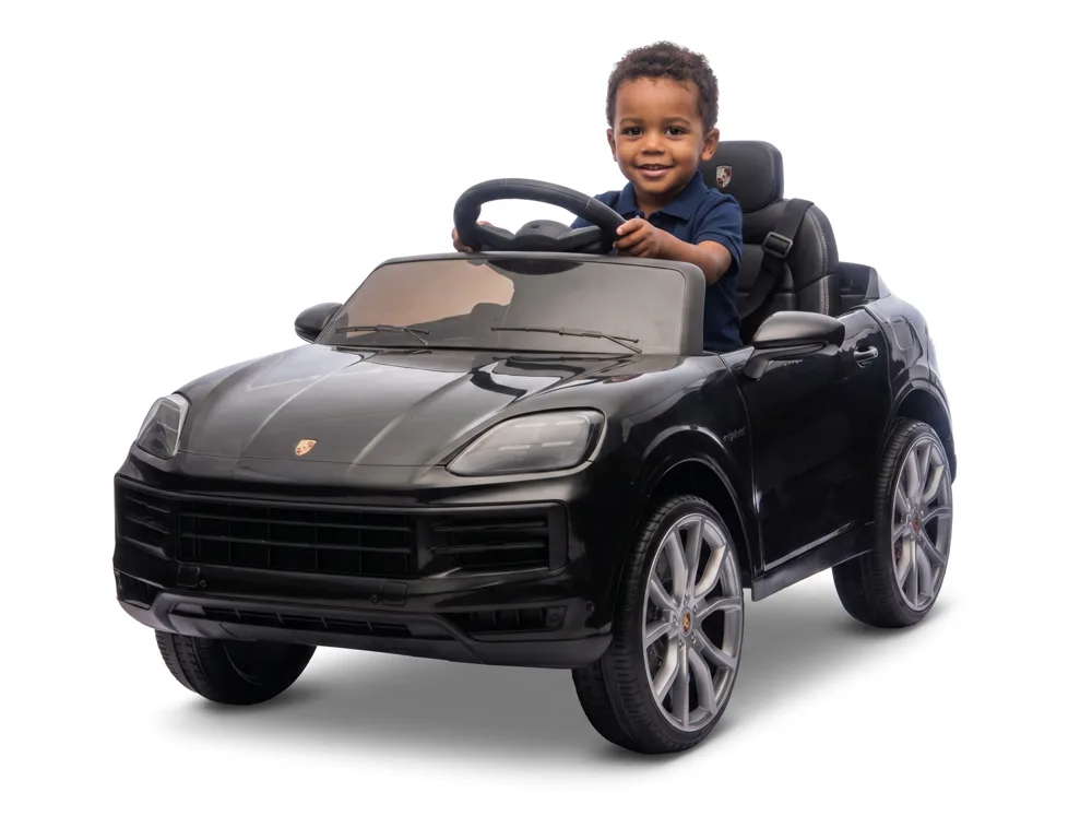 Porsche Cayenne 12V enfant noir, SUV électrique sous licence, vue avant phares LED