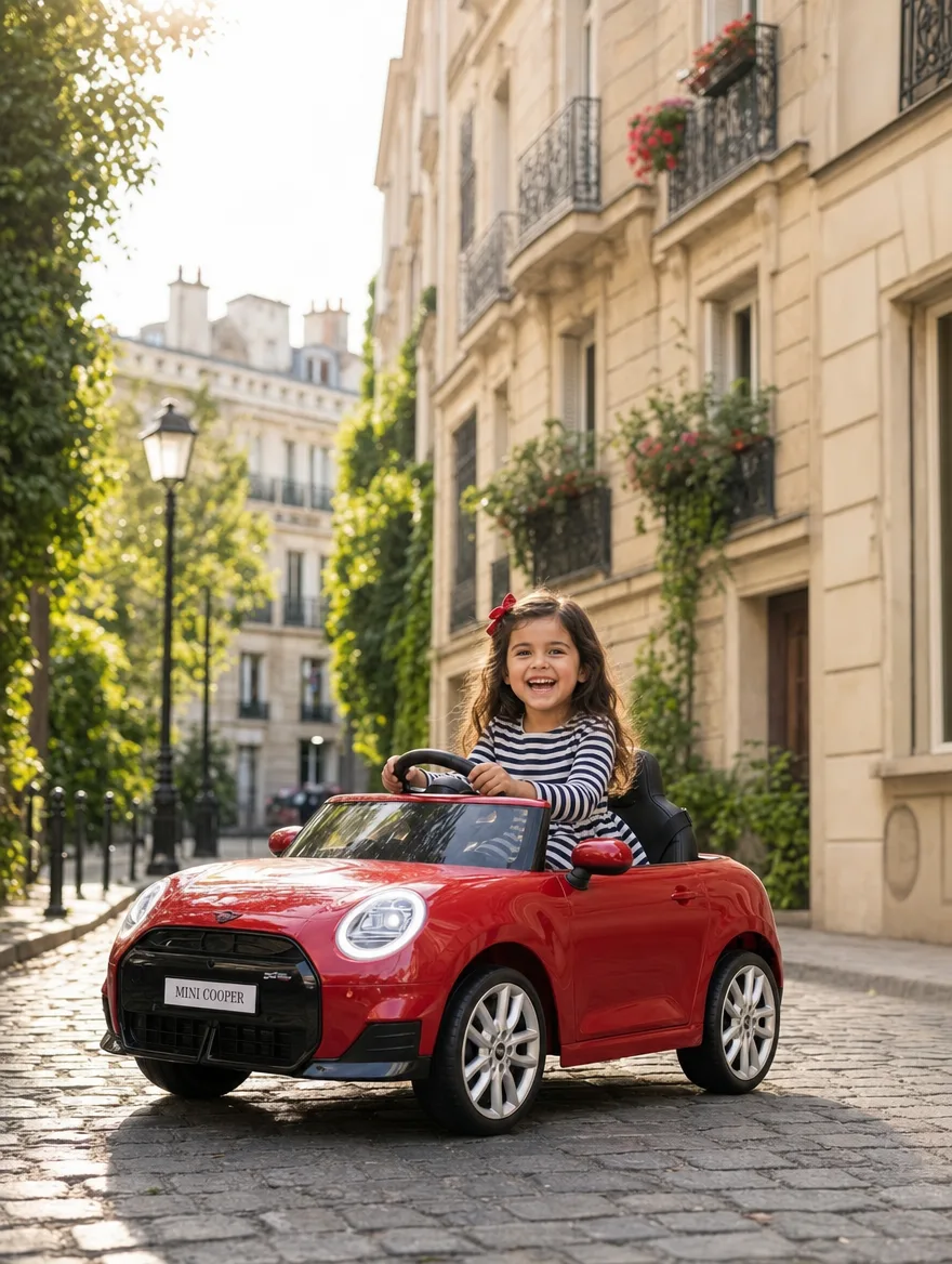 Petite fille au volant d'une Mini Cooper électrique rouge décapotable, dans une rue pavée bordée d'immeubles haussmanniens