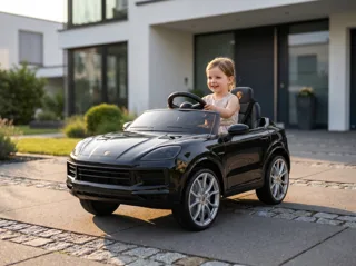 Voiture électrique enfant Porsche Cayenne noir 12V, sous licence officielle, phares et feux fonctionnels, pour enfant de 3-6 ans