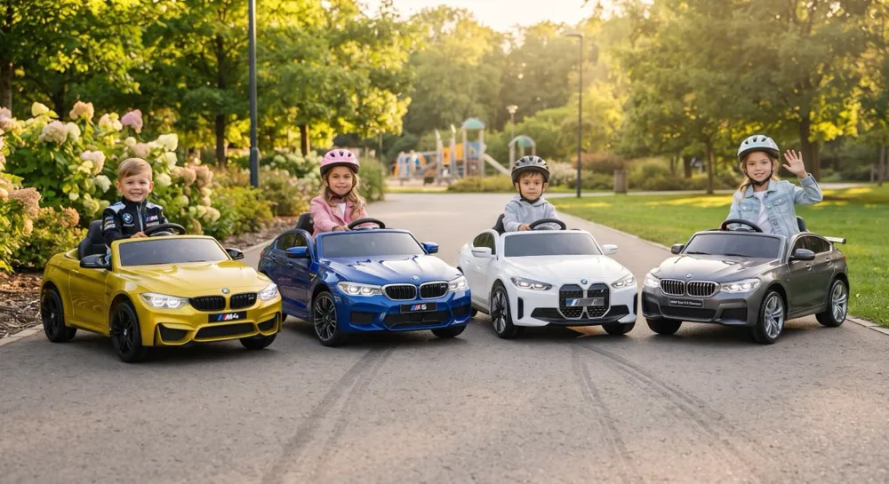 Quatre enfants dans des BMW électriques M4 jaune, M5 bleue, i4 blanche et Série 6 grise, guide de la voiture électrique BMW enfant