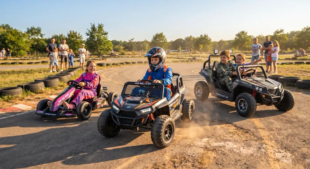 Trois grands enfants sur un circuit dans des karts et buggys électriques 24V, guide de la voiture électrique enfant 24V