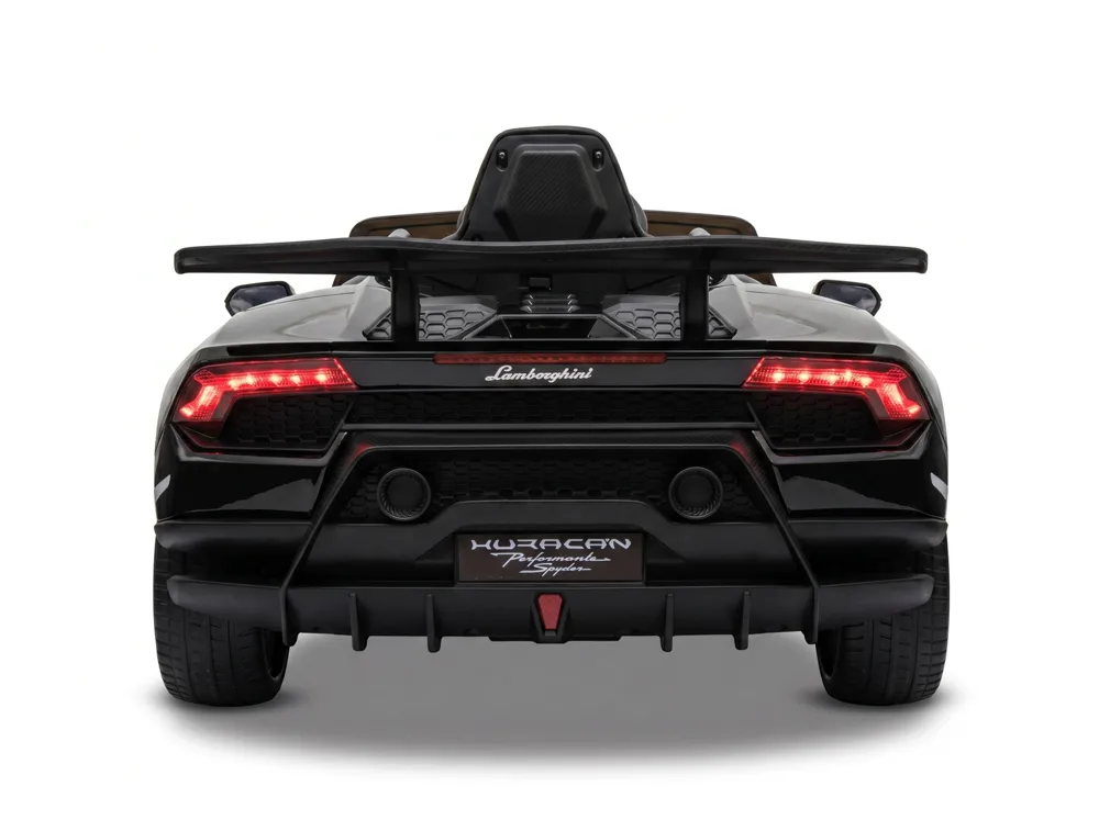 Lamborghini Huracán électrique enfant 12V noire, face arrière, aileron, feux LED et diffuseur Performante