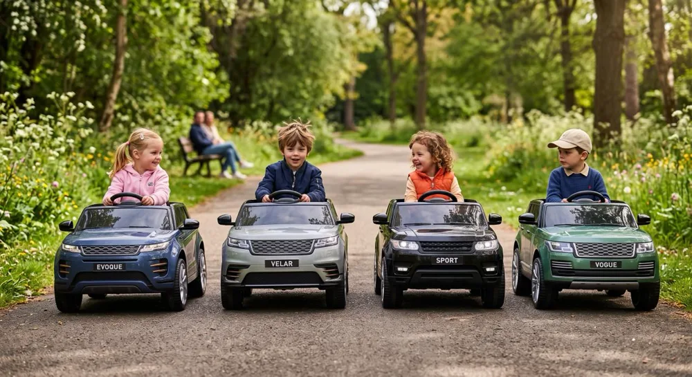 Quatre Range Rover électriques pour enfant alignés dans un parc : Evoque bleu, Velar gris, Sport noir et Vogue vert, avec enfants au volant, illustration du guide Quel Range Rover enfant choisir