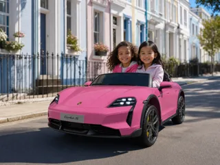 Voiture électrique enfant Porsche Taycan rose 24V, sous licence officielle, phares et feux fonctionnels, pour enfant de 5-9 ans