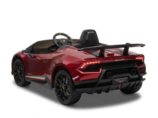 Voiture électrique enfant Lamborghini Huracán 12V rouge, trois-quarts arrière, aileron et échappement Performante