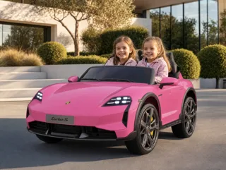 Voiture électrique enfant Porsche Taycan rose 24V, sous licence officielle, roues gomme EVA souple, pour enfant de 5-9 ans