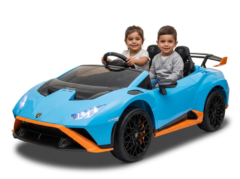 Voiture électrique enfant Lamborghini Huracán STO bleu et orange 12V, sous licence officielle, pour enfant de 3-6 ans