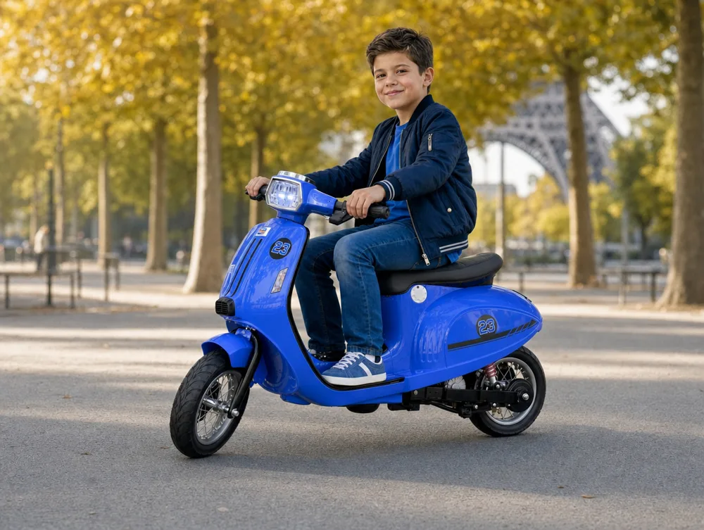 Vespa électrique enfant bleu, enfant en balade sur allée