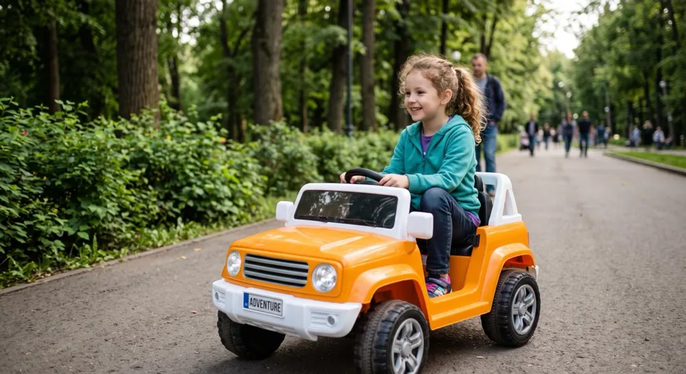 Petite fille souriante au volant d'un 4x4 électrique orange dans un parc, loin du cliché rose, illustration du guide voiture électrique pour fille