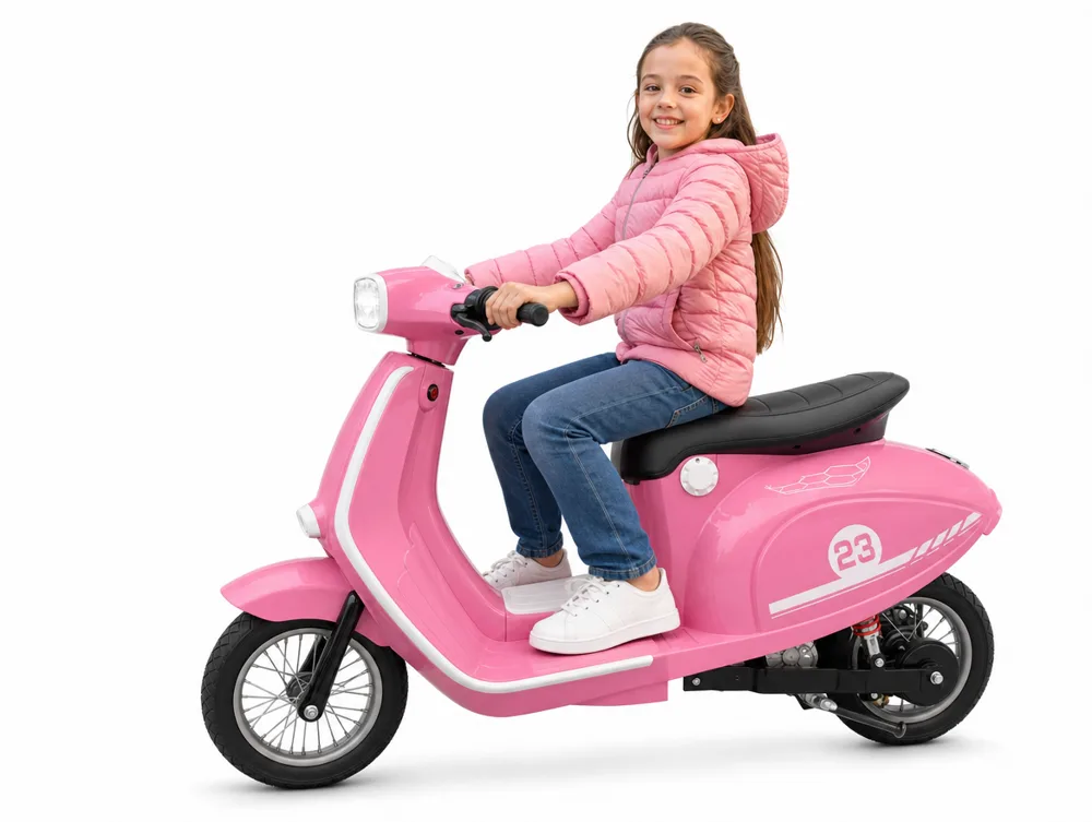 Vespa électrique enfant rose, assise haute et repose-pieds plat