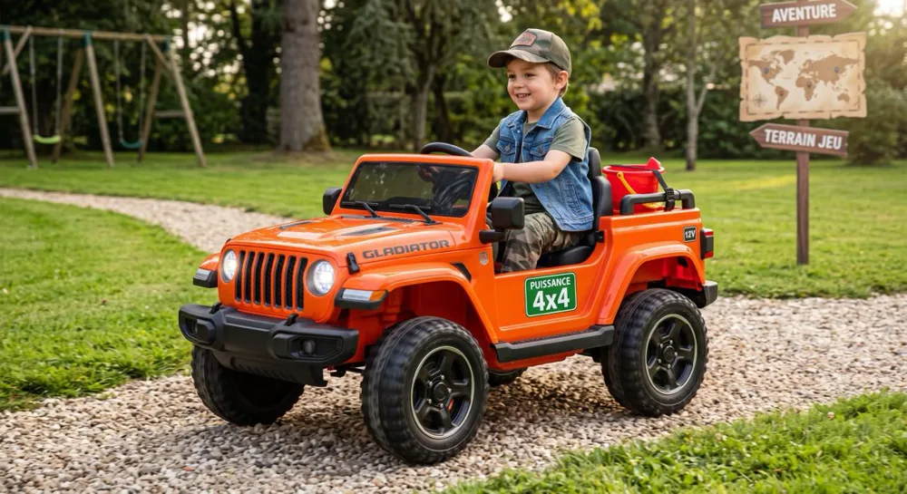 Enfant en casquette au volant d'une Jeep Gladiator électrique orange 12V sur un chemin de gravier, panneaux aventure en arrière-plan, illustration du guide Jeep Gladiator enfant pickup 4x4