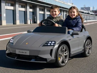 Voiture électrique enfant Porsche Taycan gris 24V, jusqu'à 10 km/h, pour enfant de 5-9 ans