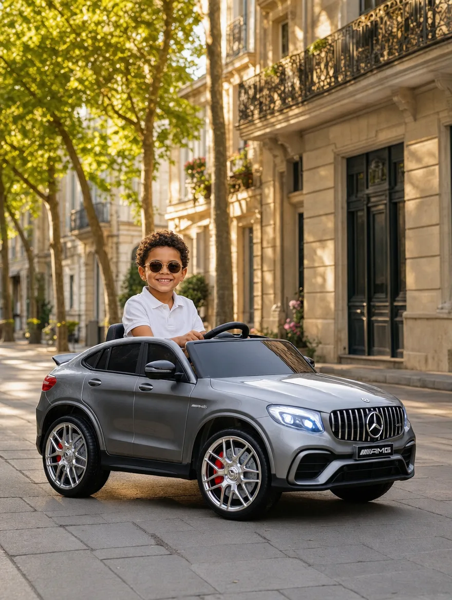 Garçon en lunettes de soleil au volant d'une Mercedes GLC AMG électrique grise, sur un trottoir ombragé de platanes