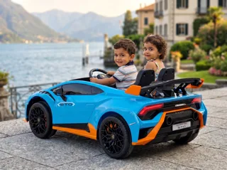 Voiture électrique enfant Lamborghini Huracán STO bleu et orange 12V, lecteur MP3 Bluetooth, pour enfant de 3-6 ans