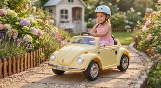 Petite fille au volant d'une Coccinelle Volkswagen électrique jaune dans un jardin fleuri, guide de la voiture électrique Coccinelle enfant