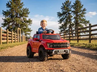 Voiture électrique enfant Ford Raptor rouge 12V, sous licence officielle, jusqu'à 5 km/h, pour enfant de 3-6 ans