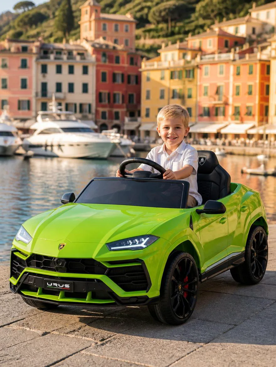 Enfant souriant au volant d'une Lamborghini Urus électrique verte, sur un quai de port coloré bordé de yachts