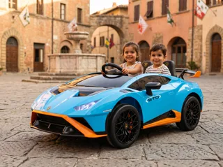 Voiture électrique enfant Lamborghini Huracán STO bleu et orange 12V, démarrage progressif Soft-Start, pour enfant de 3-6 ans