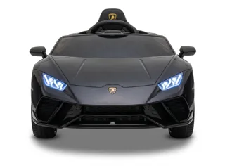 Lamborghini Huracán enfant électrique 12V noire, face avant, phares LED en Y et écusson Lamborghini, fond blanc studio